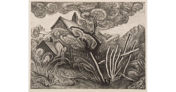 A black-and-white print of a house behind a picket fence with trees, grass, and flowers beginning to unfurl into spring.