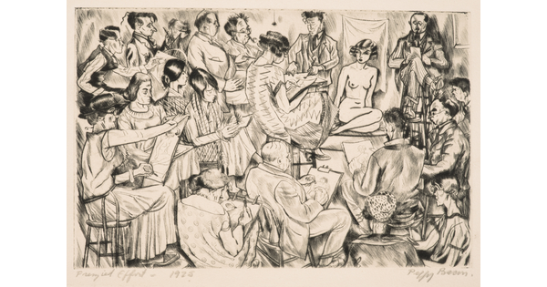 A black-and-white print illustration of men and women crowded into a room to draw a live nude female model.