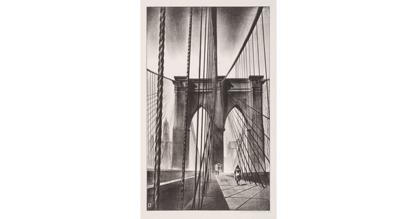A vertical black-and-white print of a suspension bridge, showing the tower and cables, and a person walking along its pathway.