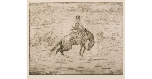 A black-and-white print of a man holding a cowboy hat while riding a bucking horse in a field.