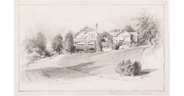 An ink drawing of a Tudor-style home, partially covered in vines, and the rural landscape surrounding it.