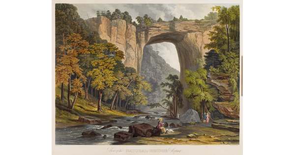 A color print of a landscape with people near a river and a natural stone bridge towering above.