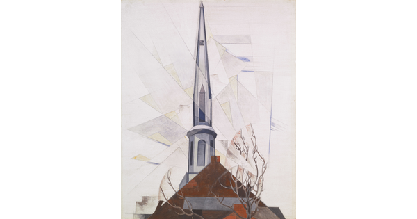A watercolor of a church steeple surrounded by abstracted shadows.
