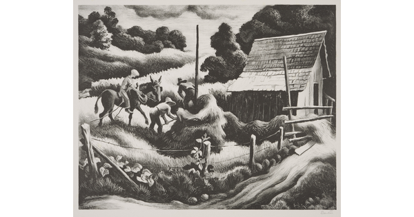 A black-and-white print of three men, one on horseback and two with pitchforks, next to a haystack and an old barn.