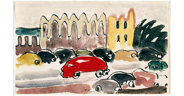 A cartoon-like drawing of cars in a variety of colors, some parked and others driving, on a city street lined with tall buildings.