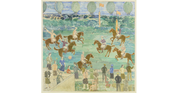 A watercolor painting of people on horseback playing polo on a green field as spectators watch.