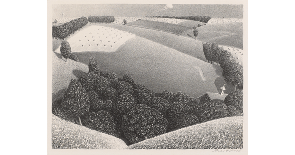 A black-and-white print of rolling farm fields with budding crops, stylized trees, and a building tucked behind the hills in the foreground.
