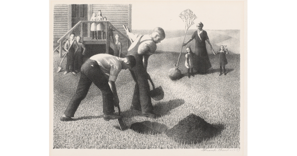 A stylized print of two boys digging a hole to plant a tree as other children and a woman, who is holding the tree, watch.