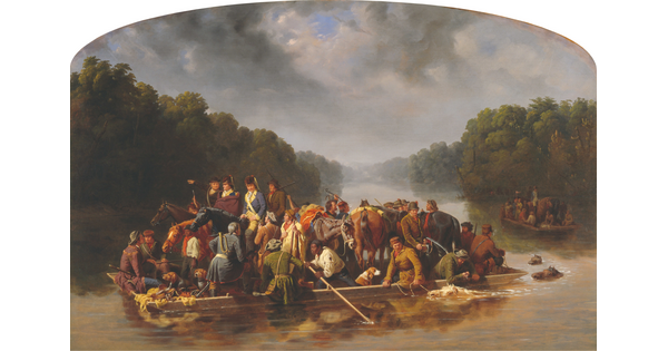 A painting of a group of men, horses, and dogs crowded onto a barge crossing a river as several horses swim alongside and behind the barge.