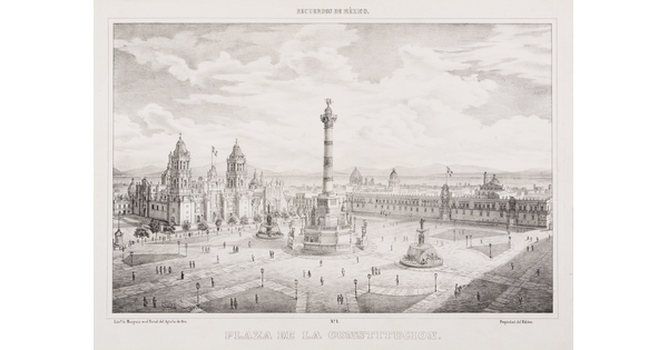 A black-and-white print of a plaza with a large column surrounded by several fountains, a cathedral, and other buildings, and pedestrians milling about.