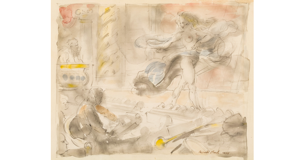 A drawing of a nude White woman on a stage with ribbon-like scarves flowing over her arms and torso as men in the audience watch.