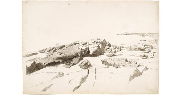 A black-and-white drawing of a rocky beach with several fisherman standing in the distance. 