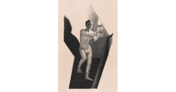 A black-and-white print of a White man wearing full body pajamas walking down stairs holding an oil lamp in both hands.