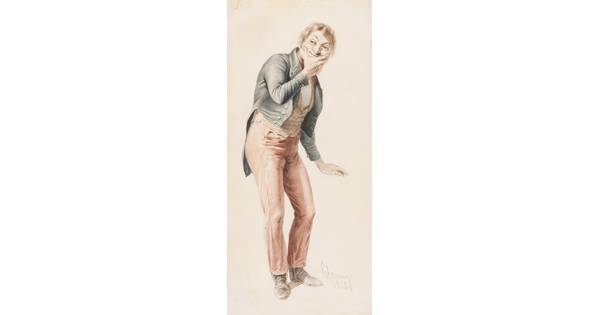 A watercolor portrait of a standing White man with wavy hair, hand resting on chin, wearing a waist coat, vest, and pants.
