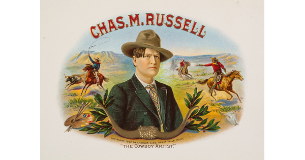 A color print portrait of Charles Russell, "The Cowboy Artist," surrounded by imagery of cowboys and Native American riders.