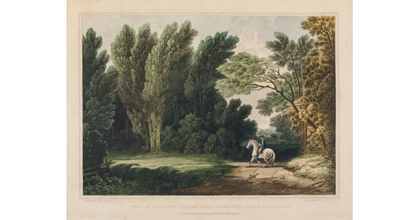 A color print of man on a white horse on a dirt road surrounded by tall green trees.