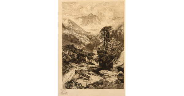 A black-and-white print of a mountain landscape with rocks, woods, and a rushing stream in the foreground.