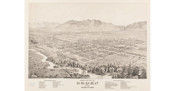 A black-and-white print of a bird's eye view of a town and its grid of streets next to a winding river.