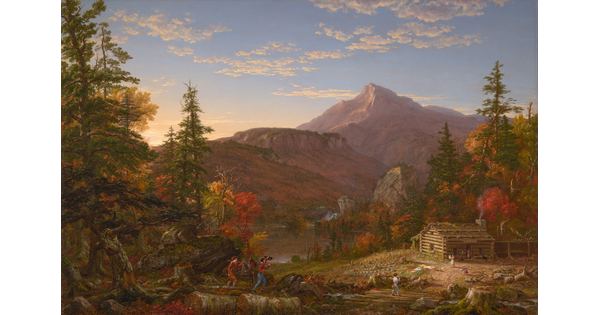 A landscape oil painting of a log cabin surrounded by autumnal mountains with men returning to their family after a successful hunt.