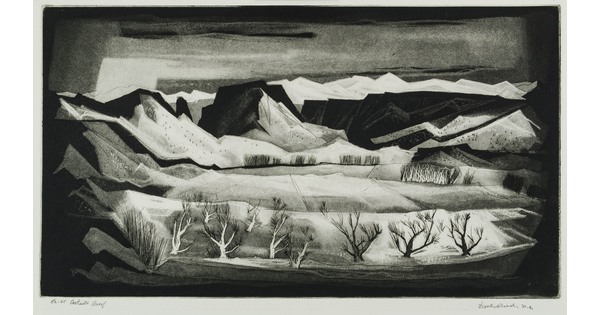 A black-and-white abstract print of a mountain valley and leafless trees in the foreground.