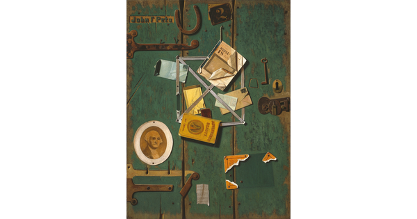 A realistic oil painting of a wood door with vertical slats and peeling green paint that has numerous papers, keys, and images tacked onto it.