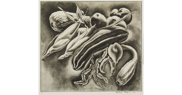 A black-and-white print of corn, squash, beans, and tomatoes on a gray background.