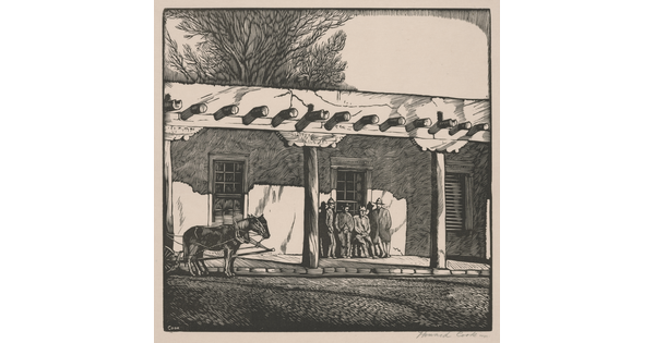 A sepia-toned print of four people standing on the porch of an adobe building, horses pulling a carriage just coming into view.