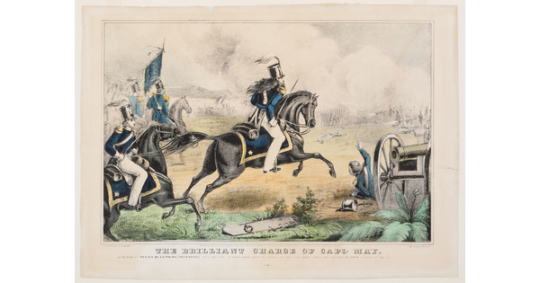 A color print of a White man in a blue military uniform, holding a sword, riding a horse that is charging into battle.