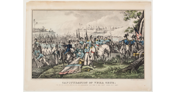 A color print of a large group of soldiers in blue uniforms, some on horseback, some marching in formation, others collecting rifles.