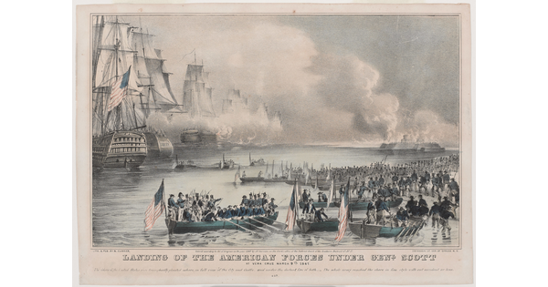 A color print of soldiers in rowboats with American Flags on them rowing toward a shore, and several large ships in the  distance.