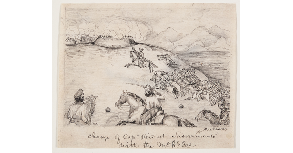 A black-and-white drawing of a group of soldiers, many holding swords, riding into battle on horseback.