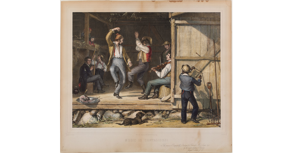 A color print of White men dancing and playing musical instruments in a barn while women and children watch and a Black laborer participates from outside.