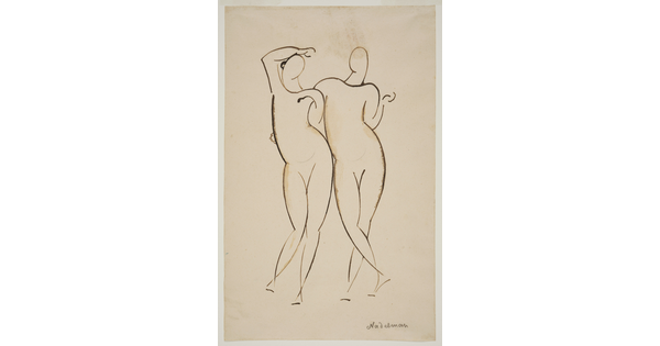 A black-and-white line drawing of two nude figures standing with their arms entwined.