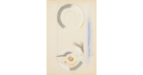 An abstract drawing of two vertically oriented gray and white plate-like shapes with yellow accents and a swath of blue to the right.