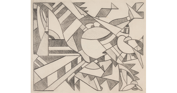 A black-and-white drawing of numerous abstract shapes, some shaded in and some not.