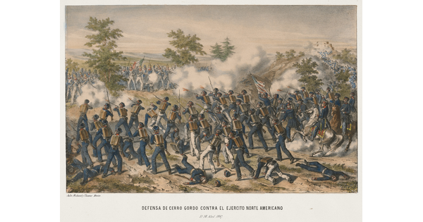 A color print of two armies of foot soldiers, one in blue uniforms and the other in white, shooting at each other in an open field.