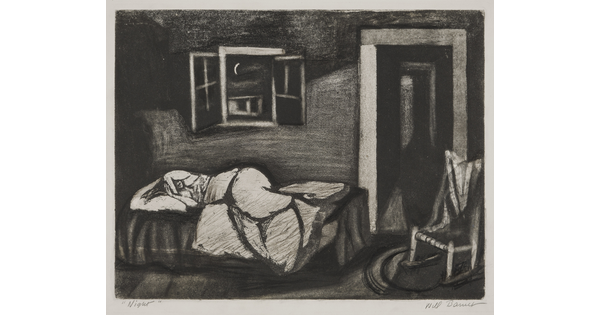 A black-and-white print of a white figure sleeping in a bed beneath an open window revealing a crescent moon. 