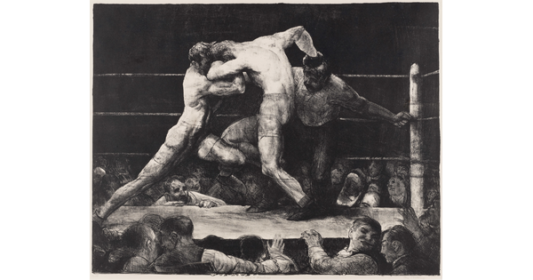 A black-and-white print of two men boxing next to a referee inside a ring as spectators watch.