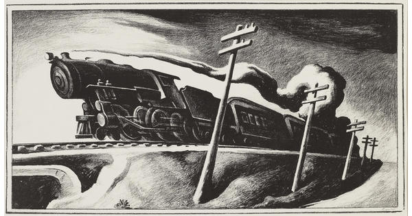 A black-and-white print of a train speeding down the tracks past electrical poles.