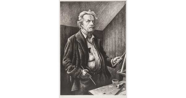 A black-and-white print of an elderly White man with a moustache, wearing a button-down shirt and jacket over a pot-belly, standing at a worktable holding paintbrushes in his hands.