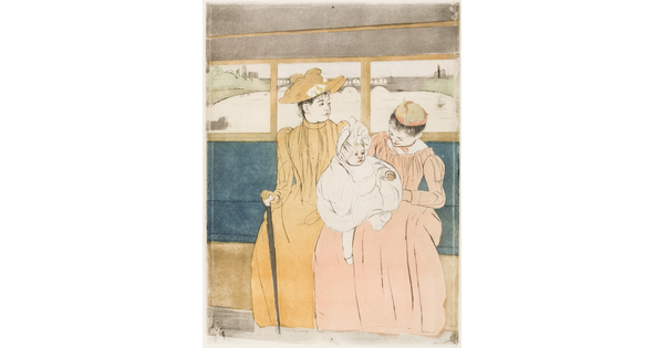 A color print of two White women and a baby seated inside a streetcar.