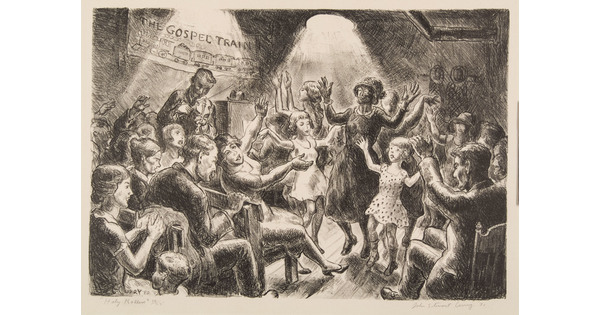 A black-and-white print of people seated at a religious service, several dancing in the center, and musicians playing music.