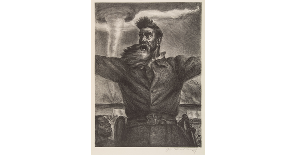 A black-and-white print of a White man with a beard yelling and standing with his arms extended in front of  a tornado as a Black man looks up at him.