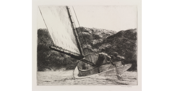 A black-and-white print of people on a sailboat in choppy waters near a rocky outcropping.