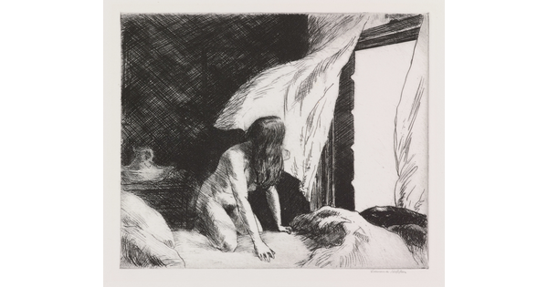 A black-and-white print of a nude White woman kneeling forward on a bed as the wind blows the drapes from the window.