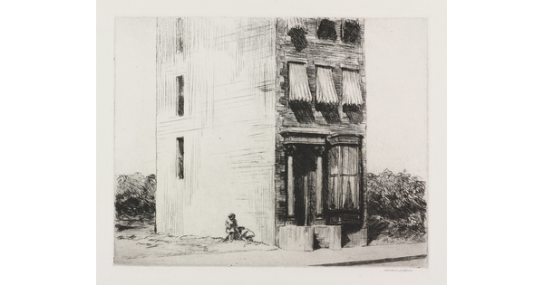 A black-and-white print of a tall and narrow townhouse with vacant land on either side and two small children playing next to it.