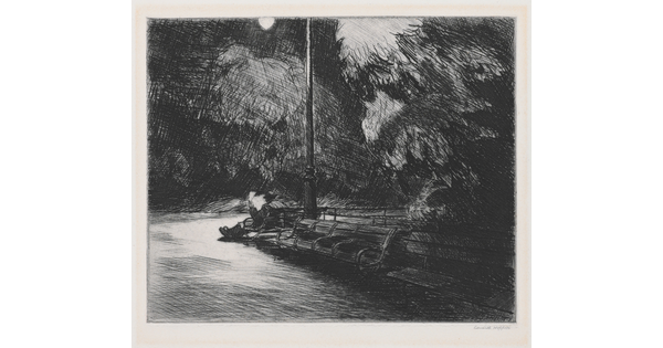 A black-and-white print of a person reading on a park bench under a street light at night.