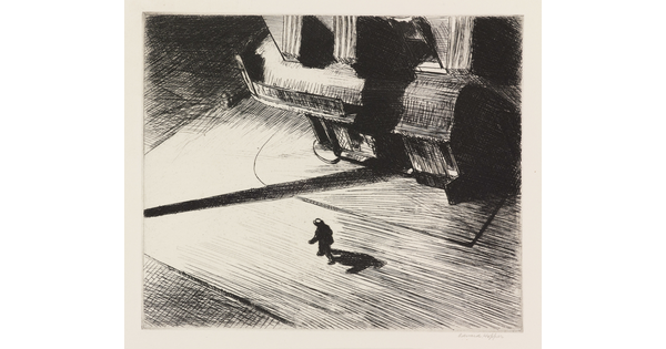 A black-and-white etching depicting a bird's eye view of a man walking along an empty city street at night.