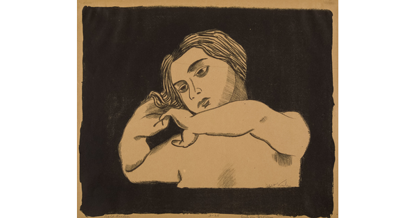 A black-and-white print of a shirtless White woman from the chest up, running her hands through her hair.