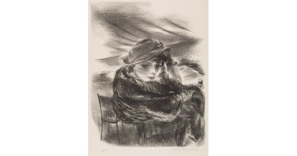 A black-and-white print of a White women sitting in a cafe chair wearing a hat and fur coat while looking at the viewer.
